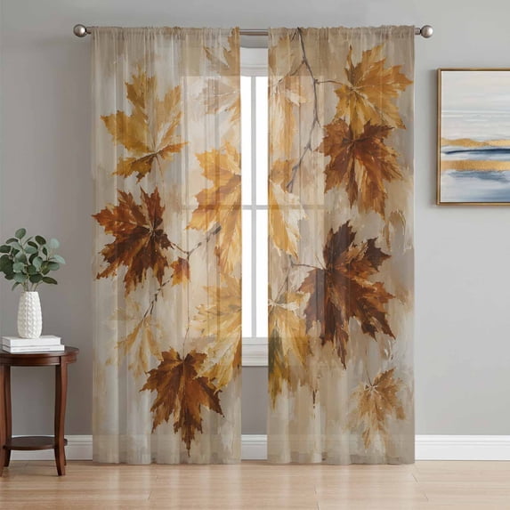 Vintage Maple Leaves Fall Sheer Curtains 96 Inch Length 2 Panels Set, Thanksgiving Botanical Retro Art Voile Window Treatment Semi Sheer Long Curtains Drapes for Bedroom/Living Room/Kitchen 52"x96"x2