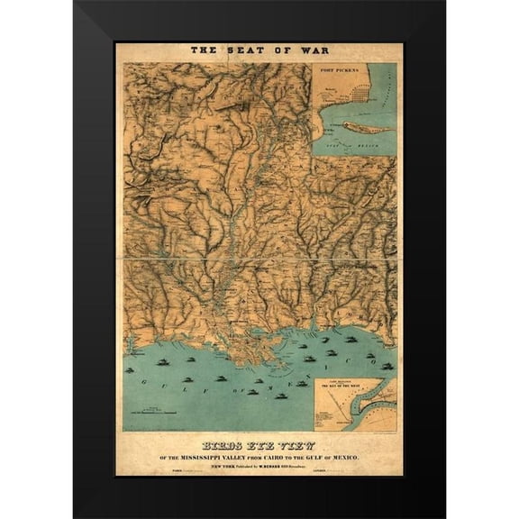 Vintage Maps 11x14 Black Modern Framed Museum Art Print Titled - Birds eye view of the Mississippi Valley from Cairo to the Gulf of Mexico 1861