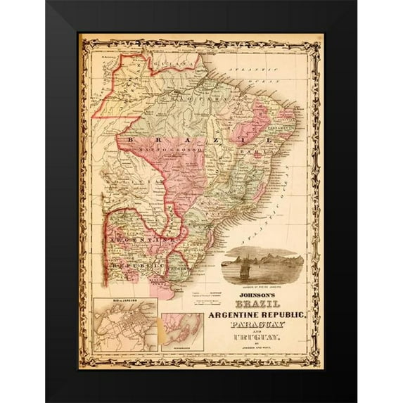 Vintage Maps 11x14 Black Modern Framed Museum Art Print Titled - Brazil and Argentina 1862