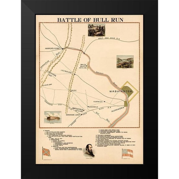 Vintage Maps 11x14 Black Modern Framed Museum Art Print Titled - Civil War Battle of Bull Run or Manassas