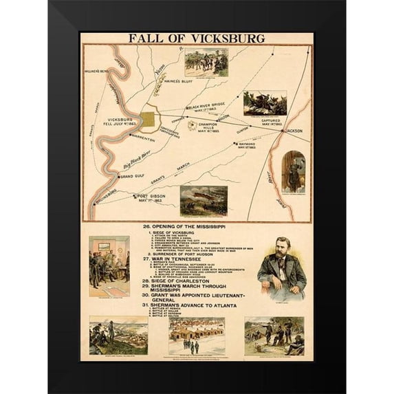 Vintage Maps 11x14 Black Modern Framed Museum Art Print Titled - Civil War Fall of Vicksburg Mississippi