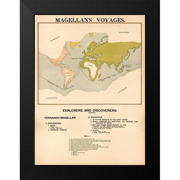 Vintage Maps 11x14 Black Modern Framed Museum Art Print Titled - Magellans Voyages