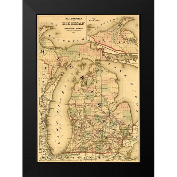 Vintage Maps 11x14 Black Modern Framed Museum Art Print Titled - Michigan 1876