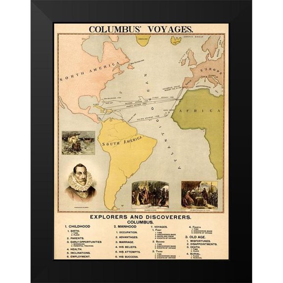 Vintage Maps 11x14 Black Modern Framed Museum Art Print Titled - Plotting the navigation of Columbus to the New World