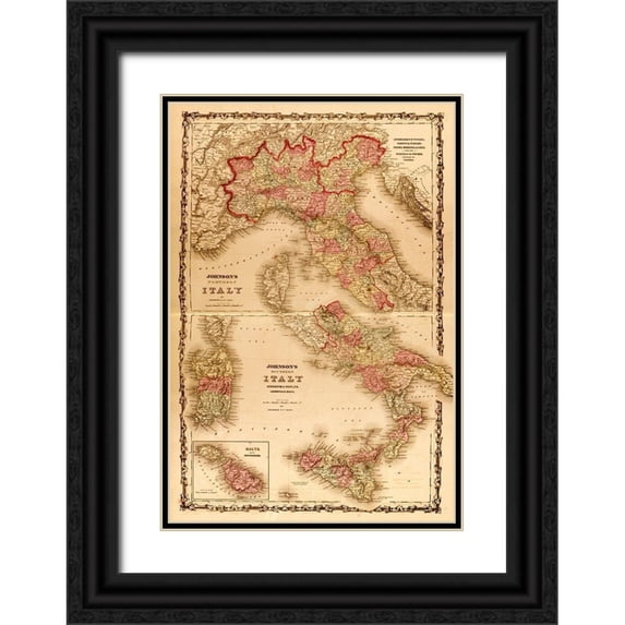 Vintage Maps 11x14 Black Ornate Wood Framed with Double Matting Museum Art Print Titled - Italy 1862