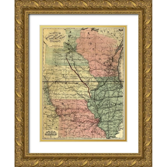 Vintage Maps 11x14 Gold Ornate Wood Framed with Double Matting Museum Art Print Titled - Burlington Cedar Rapids and Minnesota Railway 1868