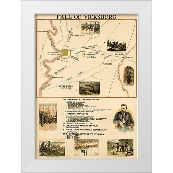 Vintage Maps 11x14 White Modern Wood Framed Museum Art Print Titled - Civil War Fall of Vicksburg Mississippi