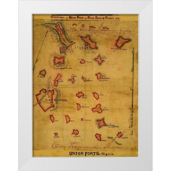 Vintage Maps 11x14 White Modern Wood Framed Museum Art Print Titled - Contours of Union forts on south side of Potomac 1862