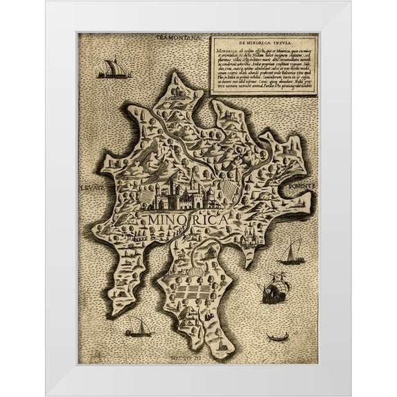 Vintage Maps 11x14 White Modern Wood Framed Museum Art Print Titled - Island of Minorica 1568