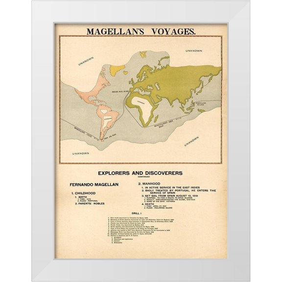 Vintage Maps 11x14 White Modern Wood Framed Museum Art Print Titled - Magellans Voyages