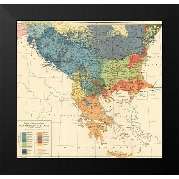 Vintage Maps 12x12 Black Modern Framed Museum Art Print Titled - Ethnographic Map of the Balkan Peninsula 1918