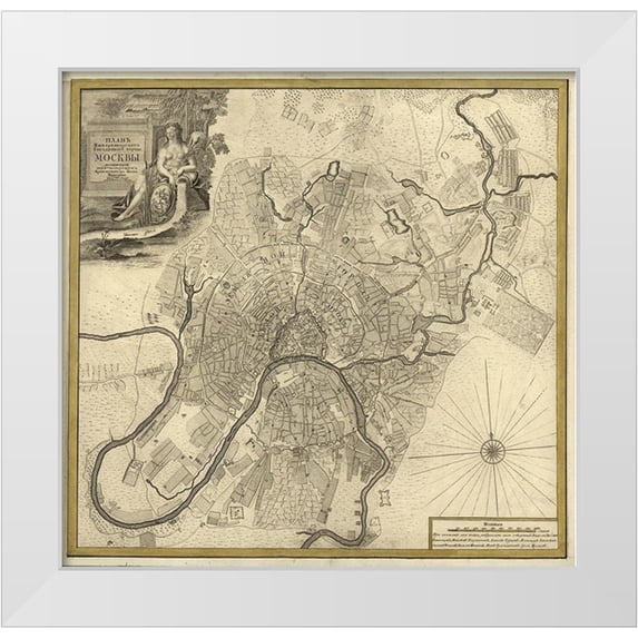 Vintage Maps 12x12 White Modern Wood Framed Museum Art Print Titled - City Plan Moscow Russia 1745