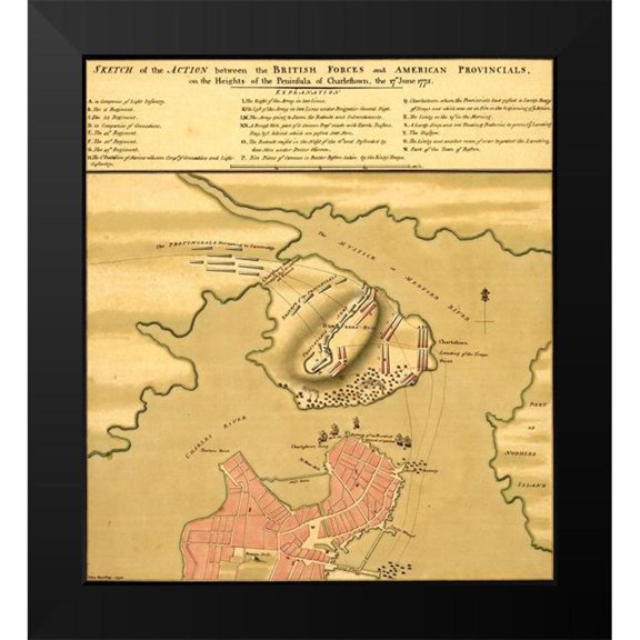 Vintage Maps 12x13 Black Modern Framed Museum Art Print Titled - Battle of Bunker Hill 1775