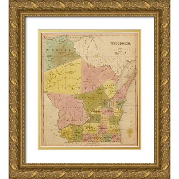 Vintage Maps 12x13 Gold Ornate Wood Framed with Double Matting Museum Art Print Titled - Wisconsin 1844