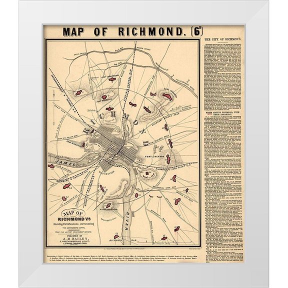 Vintage Maps 12x13 White Modern Wood Framed Museum Art Print Titled - Richmond Va fortifications surrounding the Confederate capital 1864