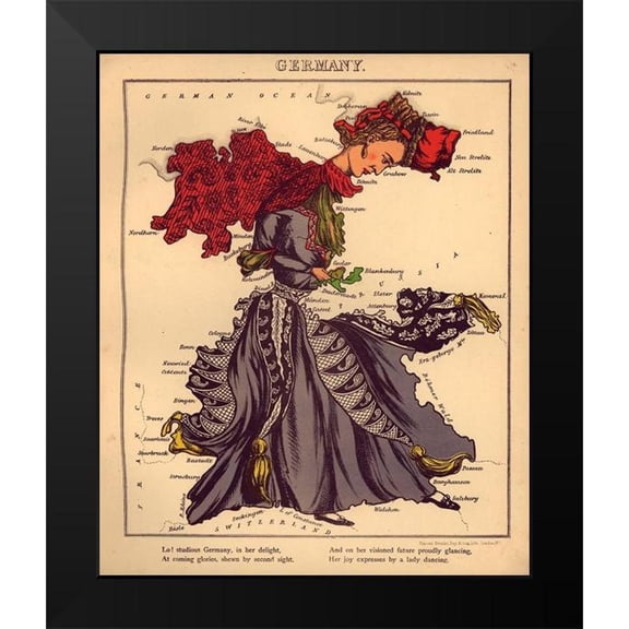 Vintage Maps 12x14 Black Modern Framed Museum Art Print Titled - Anthropomorphic Map of Germany