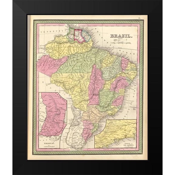 Vintage Maps 12x14 Black Modern Framed Museum Art Print Titled - Brazil 1849