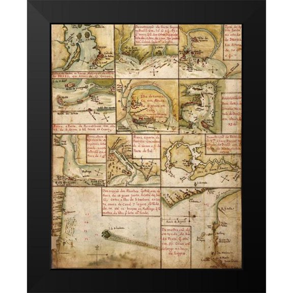 Vintage Maps 12x14 Black Modern Framed Museum Art Print Titled - Brazilian Ports and Rio de La Plata 1630