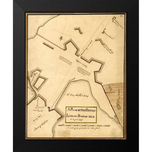 Vintage Maps 12x14 Black Modern Framed Museum Art Print Titled - British Lines on Boston Neck Bunker Hill 1775