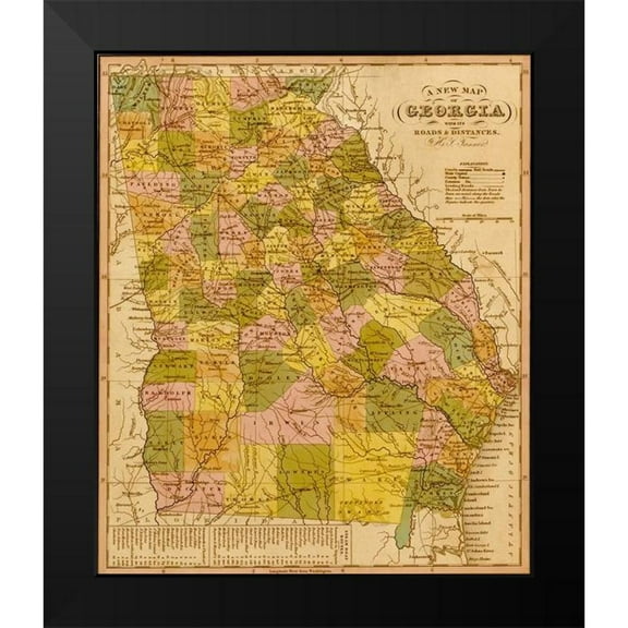 Vintage Maps 12x14 Black Modern Framed Museum Art Print Titled - Georgia 1844