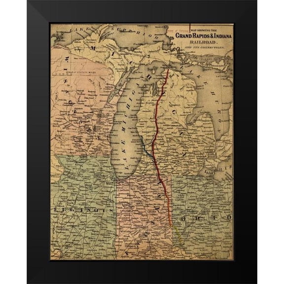 Vintage Maps 12x14 Black Modern Framed Museum Art Print Titled - Grand Rapids and Indiana Railroad 1871