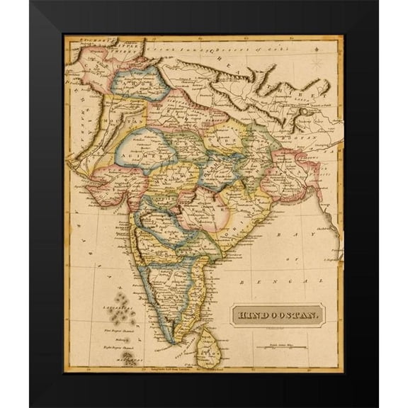 Vintage Maps 12x14 Black Modern Framed Museum Art Print Titled - Hindustan Hindoostan India 1817