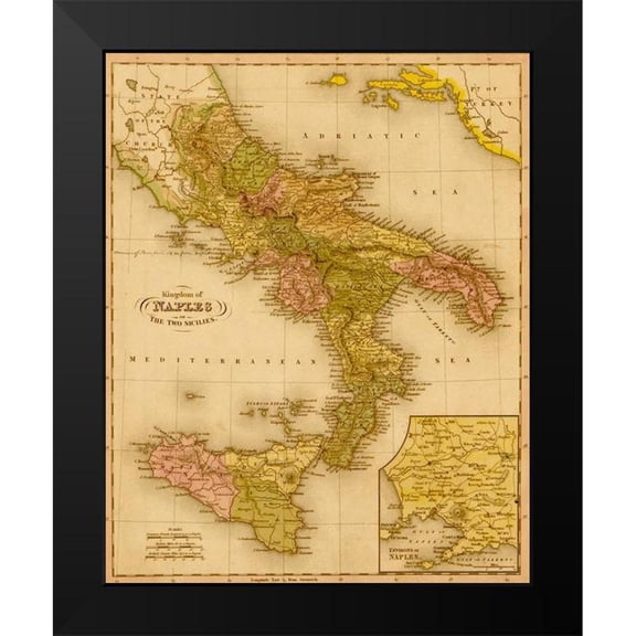 Vintage Maps 12x14 Black Modern Framed Museum Art Print Titled - Kingdom of Naples 1844