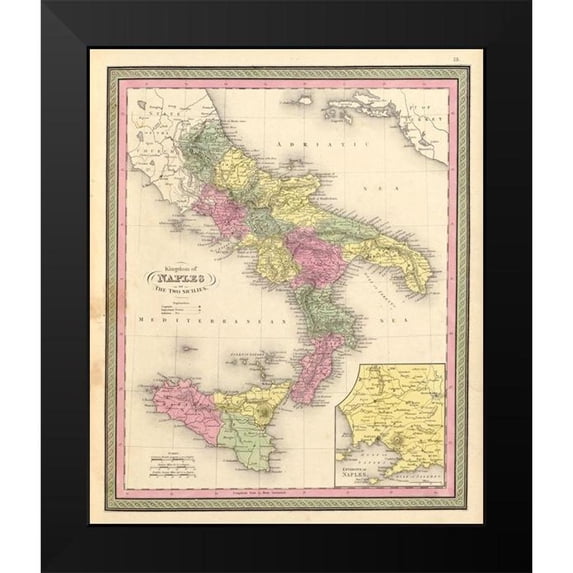 Vintage Maps 12x14 Black Modern Framed Museum Art Print Titled - Naples and the Two Sicilies 1849