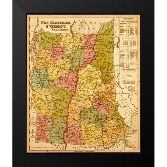 Vintage Maps 12x14 Black Modern Framed Museum Art Print Titled - New Hampshire and Vermont 1844