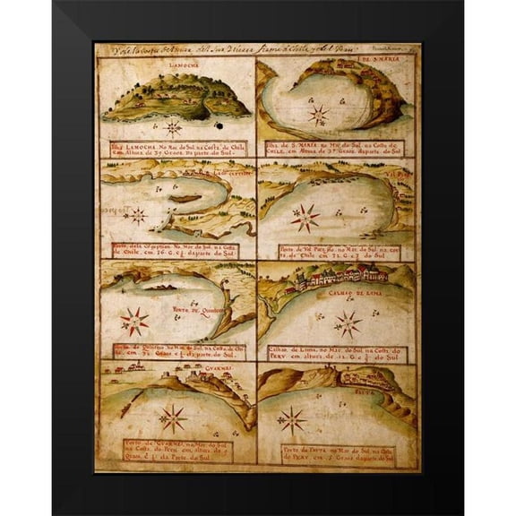 Vintage Maps 12x14 Black Modern Framed Museum Art Print Titled - Ports and Island on the Coast of Peru and Chile 1630 Portuguese Map