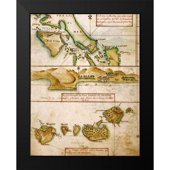 Vintage Maps 12x14 Black Modern Framed Museum Art Print Titled - Portuguese Map of the East Indies and Philippines 1630