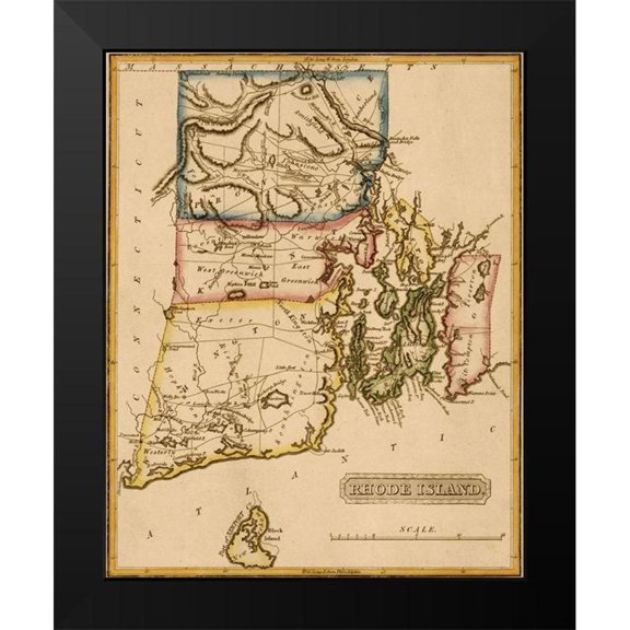 Vintage Maps 12x14 Black Modern Framed Museum Art Print Titled - Rhode Island 1817