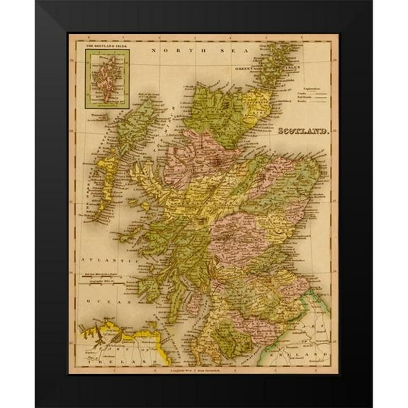 Vintage Maps 12x14 Black Modern Framed Museum Art Print Titled - Scotland 1844