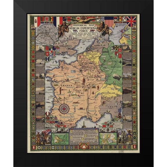 Vintage Maps 12x14 Black Modern Framed Museum Art Print Titled - World War I American Expeditionary Force