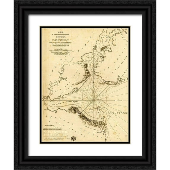 Vintage Maps 12x14 Black Ornate Wood Framed with Double Matting Museum Art Print Titled - French Naval Map for the Entrance to the Hudson in New York 1778