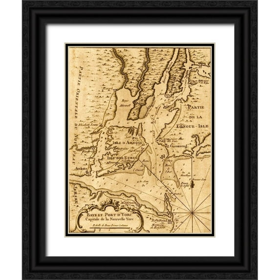 Vintage Maps 12x14 Black Ornate Wood Framed with Double Matting Museum Art Print Titled - French Map of New York-Islands and Harbor