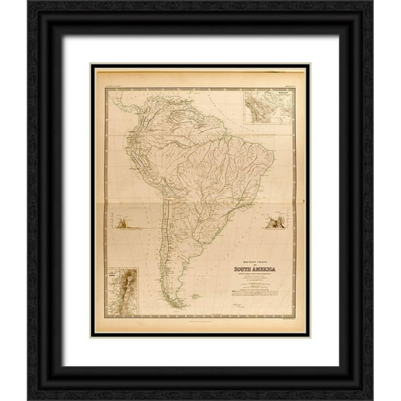 Vintage Maps 12x14 Black Ornate Wood Framed with Double Matting Museum Art Print Titled - Mountain Systems of South America