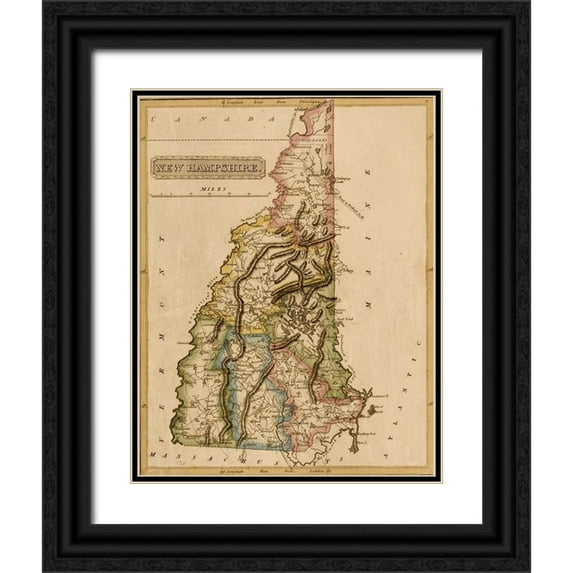Vintage Maps 12x14 Black Ornate Wood Framed with Double Matting Museum Art Print Titled - New Hampshire 1817