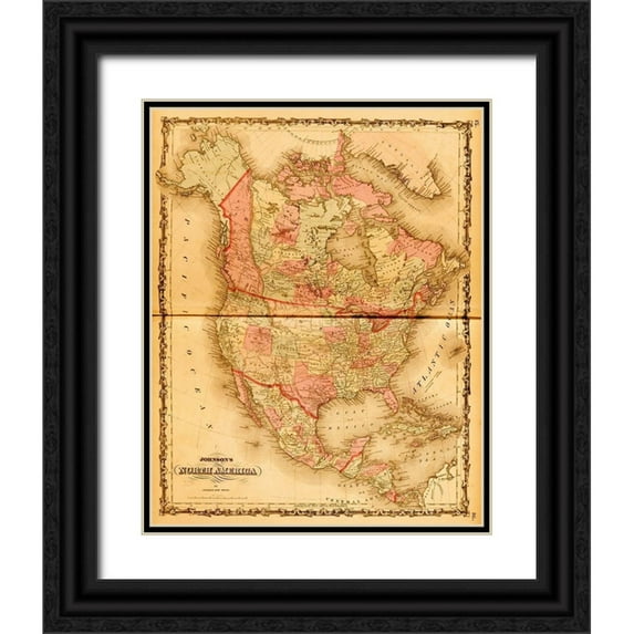 Vintage Maps 12x14 Black Ornate Wood Framed with Double Matting Museum Art Print Titled - North America 1862