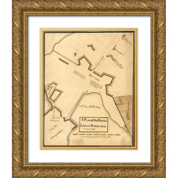 Vintage Maps 12x14 Gold Ornate Wood Framed with Double Matting Museum Art Print Titled - British Lines on Boston Neck Bunker Hill 1775