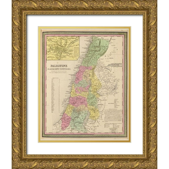 Vintage Maps 12x14 Gold Ornate Wood Framed with Double Matting Museum Art Print Titled - Palestine and Adjacent Countries 1849