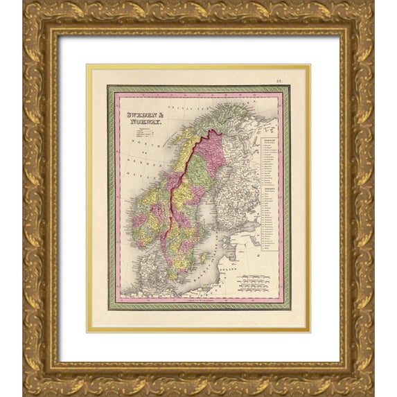 Vintage Maps 12x14 Gold Ornate Wood Framed with Double Matting Museum Art Print Titled - Sweden and Norway 1849