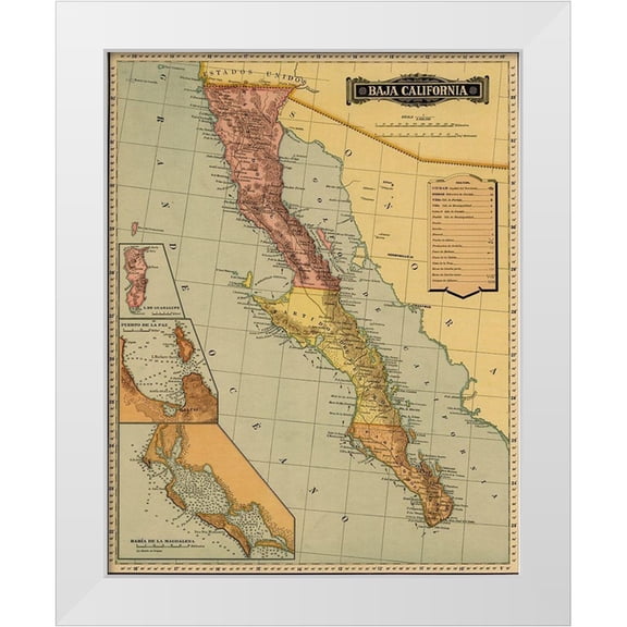 Vintage Maps 12x14 White Modern Wood Framed Museum Art Print Titled - Baja California 1844
