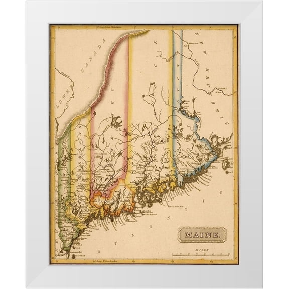 Vintage Maps 12x14 White Modern Wood Framed Museum Art Print Titled - Maine 1817