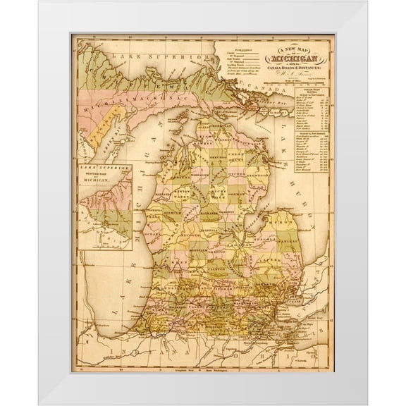 Vintage Maps 12x14 White Modern Wood Framed Museum Art Print Titled - Michigan 1844