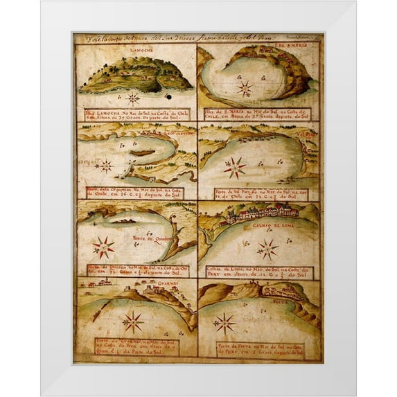 Vintage Maps 12x14 White Modern Wood Framed Museum Art Print Titled - Ports and Island on the Coast of Peru and Chile 1630 Portuguese Map