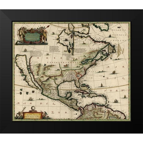 Vintage Maps 13x12 Black Modern Framed Museum Art Print Titled - America in the 17th Century 1652