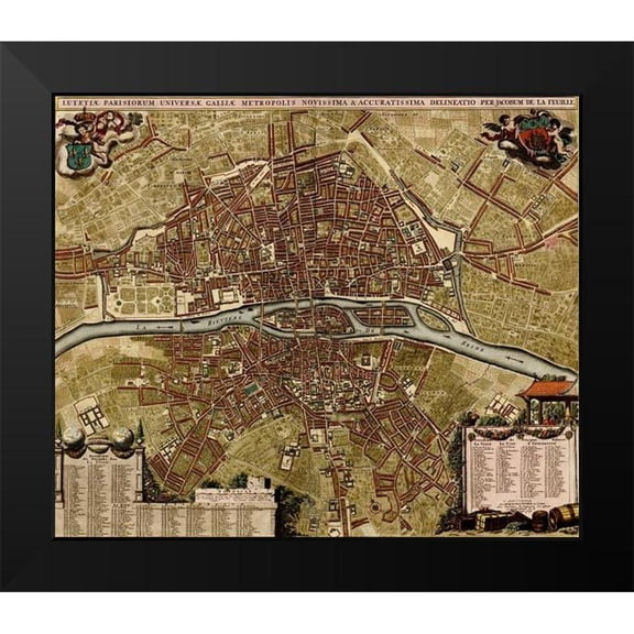 Vintage Maps 13x12 Black Modern Framed Museum Art Print Titled - City Plan Paris 1700