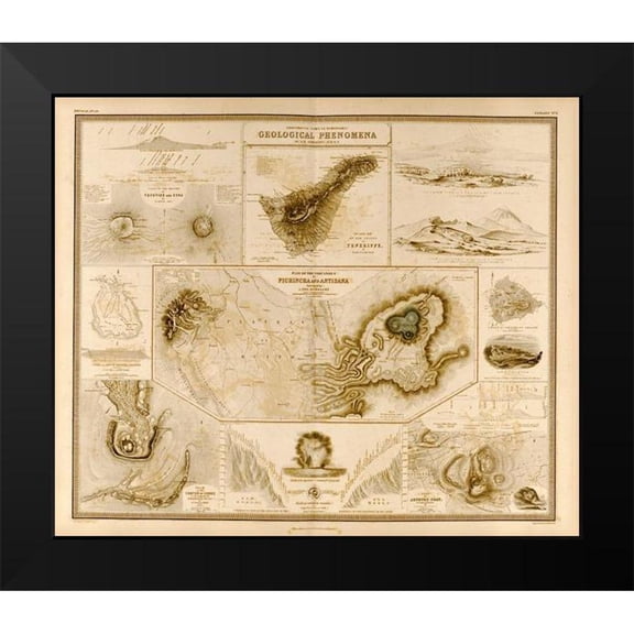 Vintage Maps 13x12 Black Modern Framed Museum Art Print Titled - Geologic Phenomenon Volcanoes