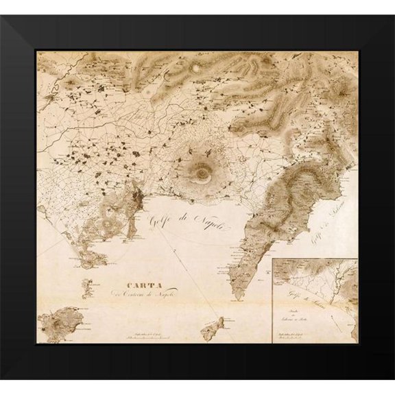 Vintage Maps 13x12 Black Modern Framed Museum Art Print Titled - Naples Region with Vesuvius Italy 1828